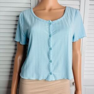 COTTON EMPORIUM Blue Ribbed Cardigan Top Size Large